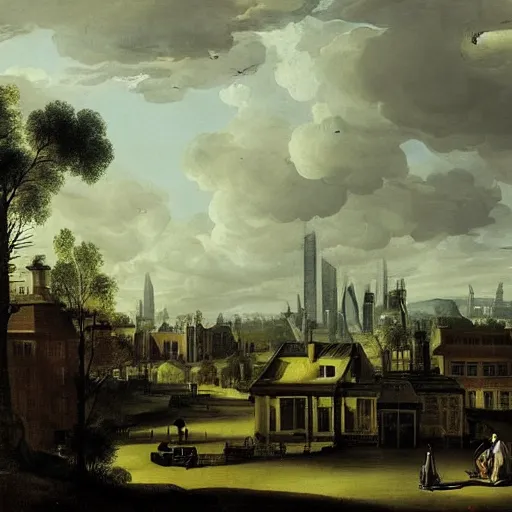 Image similar to by pieter claesz gouache tired. conceptual art. a cityscape in which tall, imposing buildings loom over a small city park. the scene is suffused with a eerie, light, & the overall effect is one of foreboding & menace.