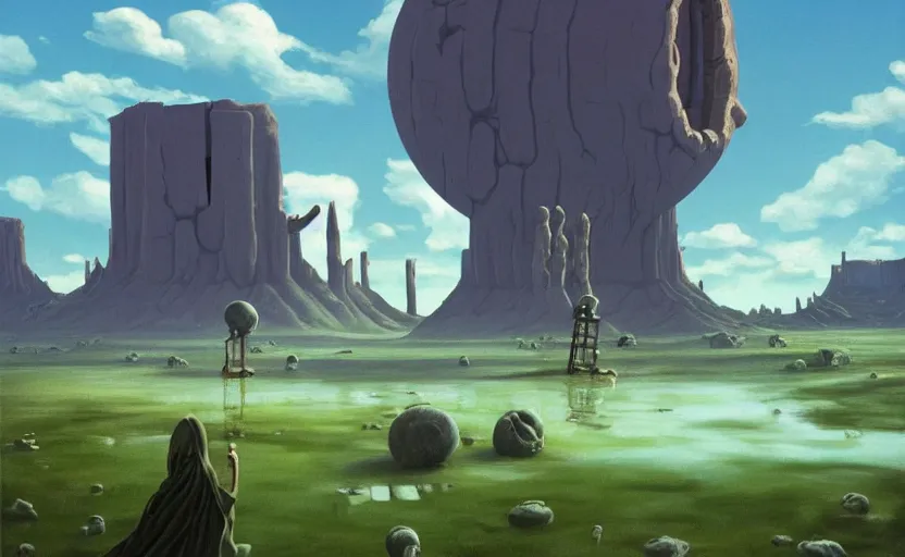 Prompt: a scary hyperrealist painting of a sucubus in a giant transparent bubble from howl's moving castle ( 2 0 0 4 ) in a flooded monument valley stonehenge jungle. depth perception, 4 k, artstation, in the style of studio ghibli