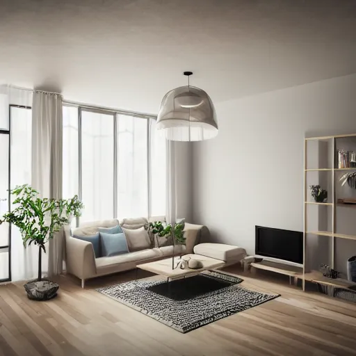 Image similar to interior design of a beautiful and cozy isometric living room, modern minimal design, photorealist, 4 k