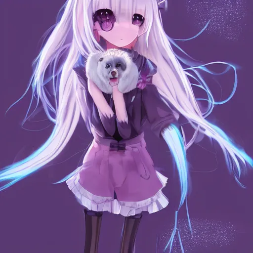 Prompt: advanced full body digital anime art::cute anime female girl + dog hybrid, short white hair, purple watery eyes, dog paws for arms and legs and a big dog tail , full round face :: cinematic lighting, rim lighting, very highly intricately detailed, trending on pixiv :: WLOP, RossDraws, RuanJia, James Jean, Andrei Riabovitchev, Totorrl, Marc Simonetti, Visual Key, and Sakimichan