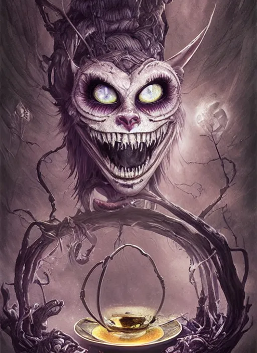 Prompt: Angry Cheshire Cat brewing tea, Death Tarot card,highly detailed,half skull face,cinematic,8k,by Stanley Artgermm,Tom Bagshaw,Greg Rutkowski,Carne Griffiths, Ayami Kojima, Beksinski, Giger,trending on DeviantArt,hyper detailed,horror, full of colour