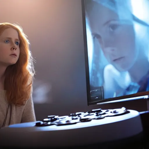 Image similar to a still of young Amy Adams playing videogames, in the movie Arrival, highly detailed and intricate, bokeh, sharp image, cinematic lighting, 8k HDR