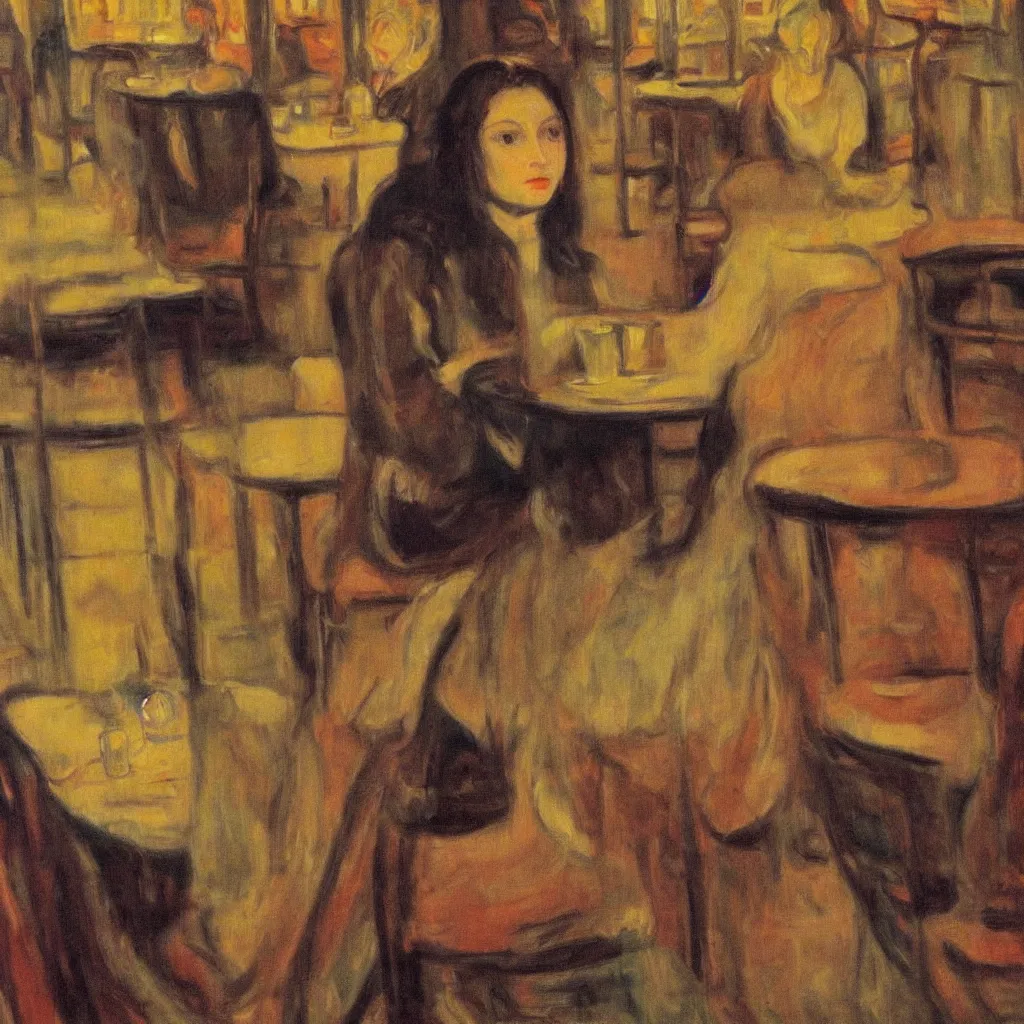 Prompt: a beautiful reading girl in coffee shop, canvas, oil paint, magnification, cinematic, detailed, artwork by edvard munch