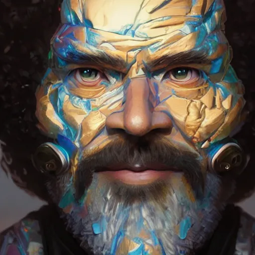 Prompt: bob ross cyborg with half of face covered in a robotic painting palette, art by artgerm and greg rutkowski and alphonse mucha, concept art, octane render, unreal engine 5, highly detailed, high quality, 8 k, soft lighting, realistic face, path traced