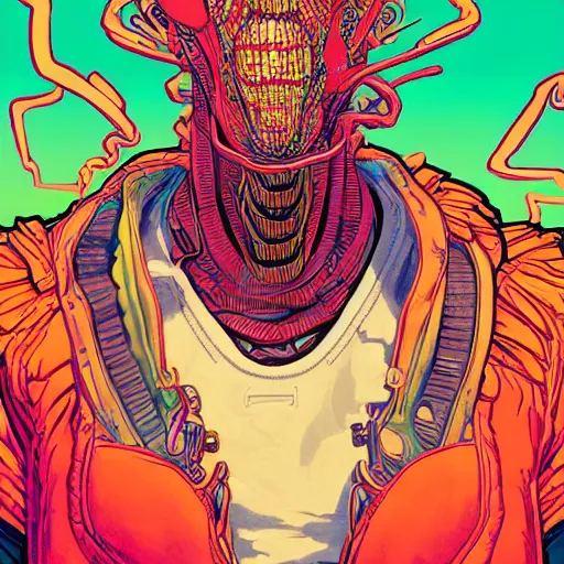 Image similar to portrait painting of a punk chain - smoking chicken cyborg, glitchwave, sharp focus, award - winning, trending on artstation, masterpiece, highly detailed, intricate. art by josan gonzales and moebius and deathburger