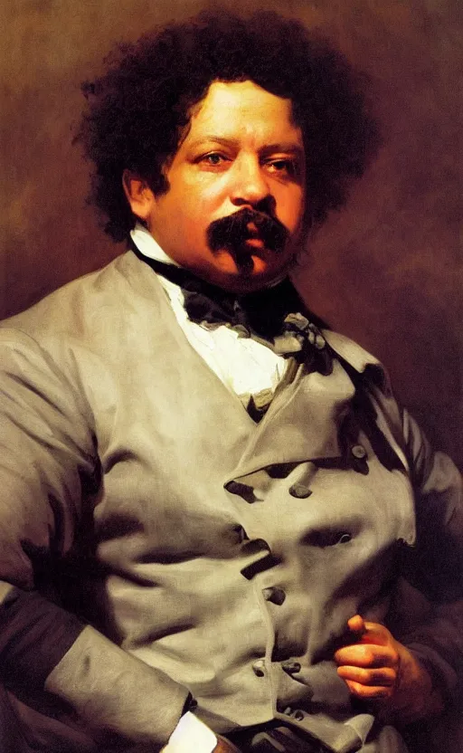 Image similar to Portrait of Alexandre Dumas, oil on canvas, highly detailed, high contrast, by Franz Xaver Winterhalter, Henry Ossawa Tanner, 8k