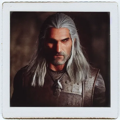 Image similar to polaroid of geralt of rivia face shot by Tarkovsky