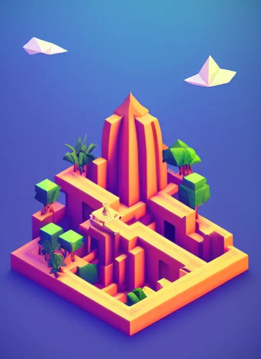 Image similar to a low poly isometric render of a kerala village in the style of monument valley, intricate, elegant, highly detailed, artstation, smooth, sharp focus, illustration, art by artgerm, octane render, aesthetic, symmetrical geometry, 8 k