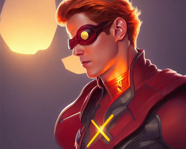 Prompt: photography of scott summers, cyclops from x - men comics, deep focus, intricate, elegant, highly detailed, digital painting, artstation, concept art, matte, sharp focus, illustration, hearthstone, art by artgerm and greg rutkowski and alphonse mucha