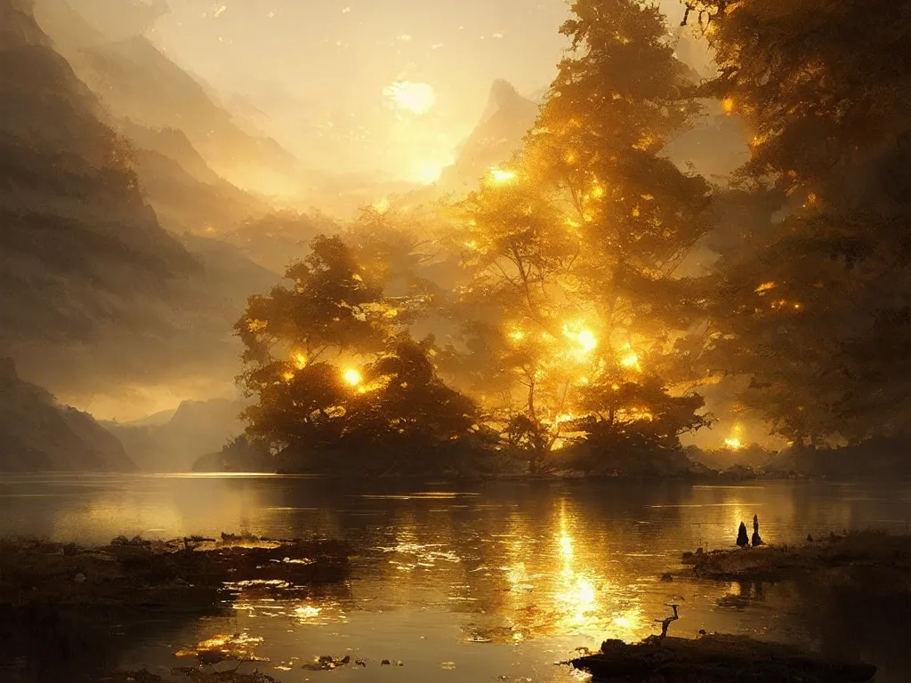 Image similar to A lake of pure gold, by Greg Rutkowski