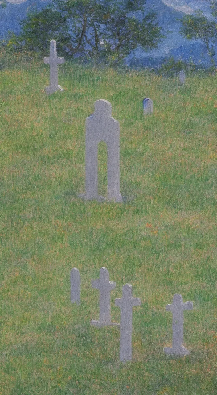 Image similar to highly detailed impressionist painting of sword marking grave on mountain top