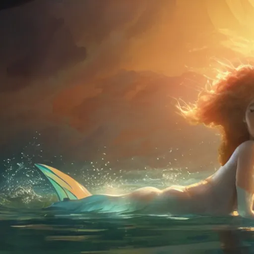 Image similar to doc brown as arielle the mermaid in water, studio ghibli, disney animation, sharp, anime key art by greg rutkowski, bloom, dramatic lighting