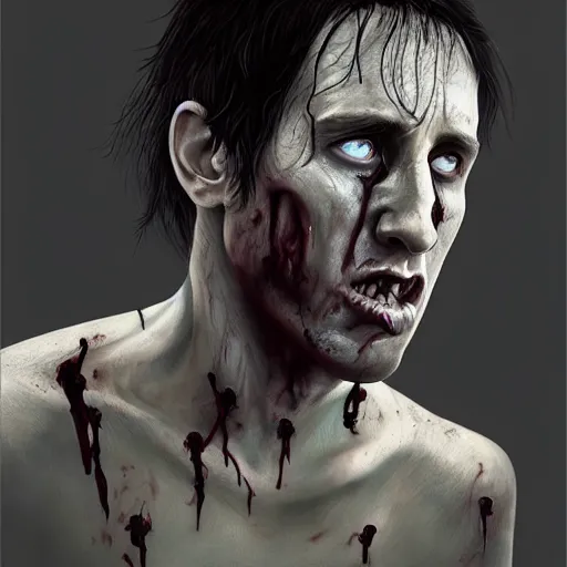 Image similar to young and handsome trent reznor as a zombie with shoulder length hair, 7 days to die zombie, realistic proportions, fine art, award winning, intricate, elegant, sharp focus, cinematic lighting, digital painting, 8 k concept art, art by brom, art by guweiz and z. w. gu, art by michael hussar, 8 k