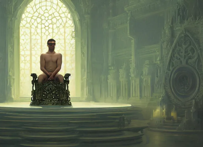 Image similar to wide view picture of a lord of materialization sitting on the throne, centred focus, lighting eyes, magic and fantasy, floating white cubes, highly detailed face, specular reflection, occlusion shadow, intricate, masterpiece, by ilya kuvshinov and jeremy lipking and quentin mabille