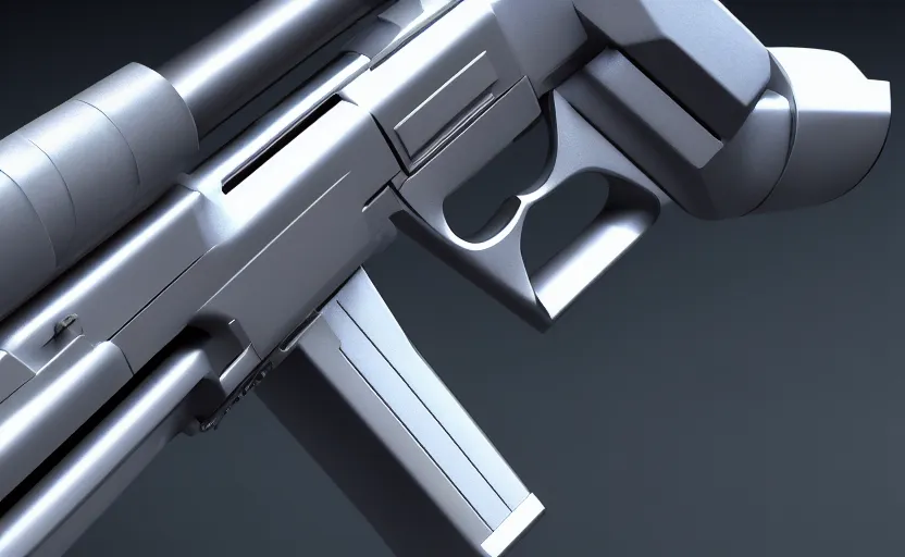 Image similar to futuristic weapon gun on while background, hyperrealism, no blur, 4 k resolution, ultra detailed