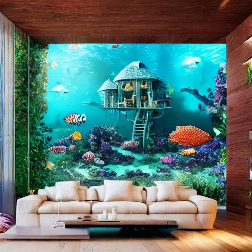 Image similar to fancy treehouse mansion built in coral underwater reef landscape detailed luminescent magical realism 4 k painting