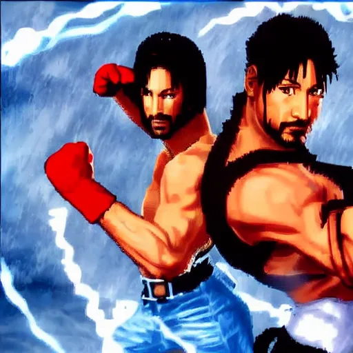 Prompt: portrait of keanu in double dragon video game splash screen