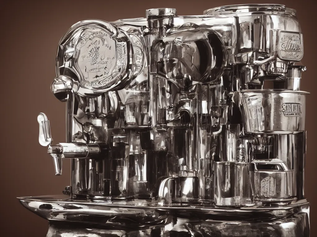 Prompt: wide angle by simon stalenhaag, photography of a historic coffee machine, by louis daquerre, product photography, small depth of field, fresh colors, 4k, highly detailed, trending on artstation