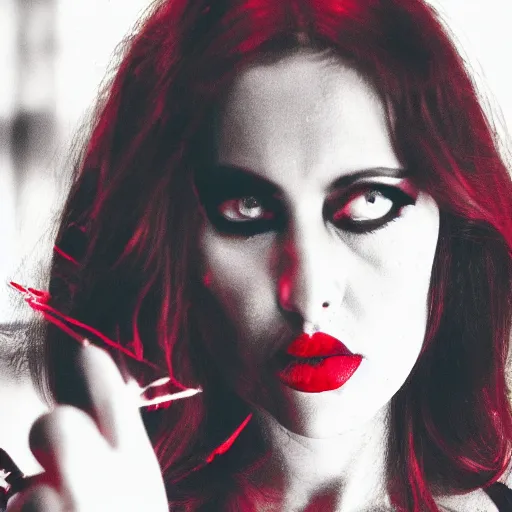 Prompt: Satan, Woman, femme fatale, beautiful, deadly, black, red, photograph, highly detailed, sharp focus,