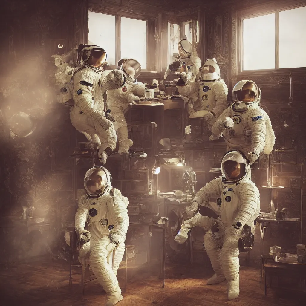 Prompt: 3 cosmonauts in a spacesuit drinks a steaming cup of tea at an old wooden desk in a richly decorated victorian house. the autumn light comes in through a window and dimly illuminates the room, diffuse light, octane render