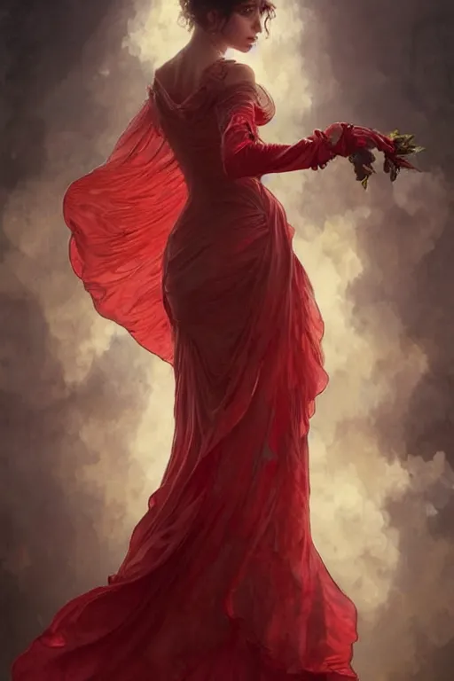 Image similar to woman dressed in a vaporous wrapped large victorian red roses silk semi-transparent dress fashion is running D&D, fantasy, intricate, elegant, highly detailed, digital painting, artstation, concept art, matte, sharp focus, illustration, art by Artgerm and Greg Rutkowski and Alphonse Mucha