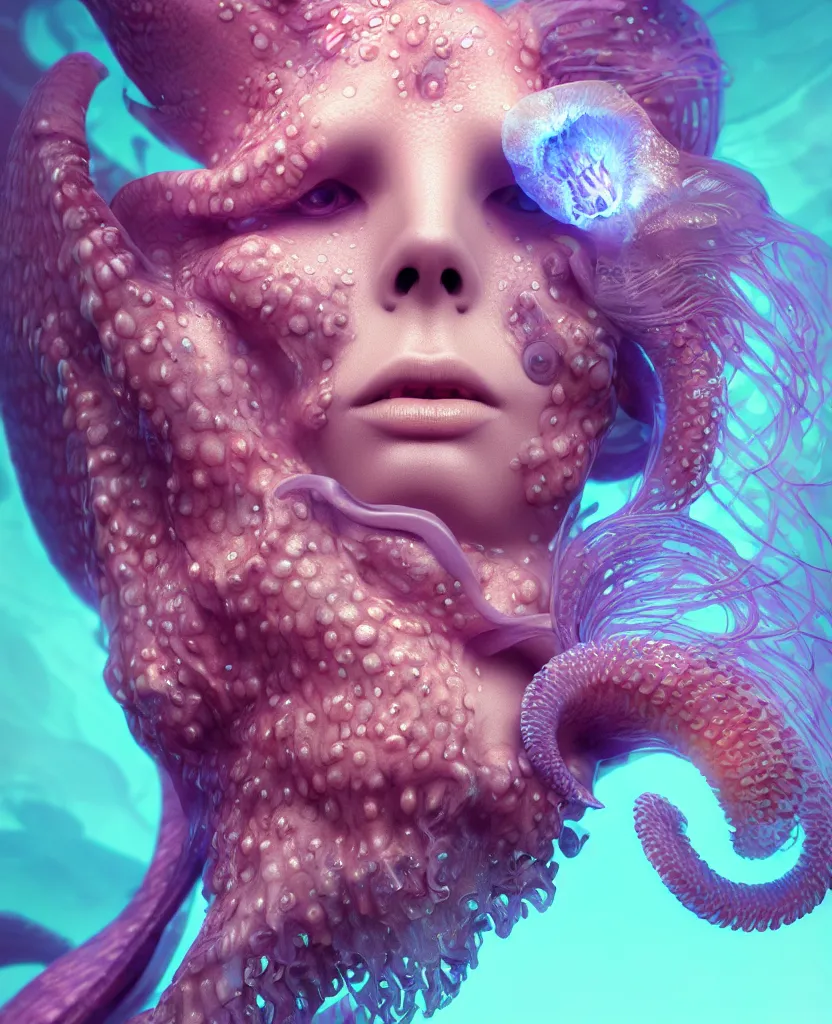 Image similar to goddess close-up face portrait. chimera orchid jellyfish phoenix head, nautilus, skull, betta fish, bioluminiscent creatures, intricate artwork by Tooth Wu and wlop and beeple. octane render, trending on artstation, greg rutkowski very coherent symmetrical artwork. cinematic, hyper realism, high detail, octane render, 8k