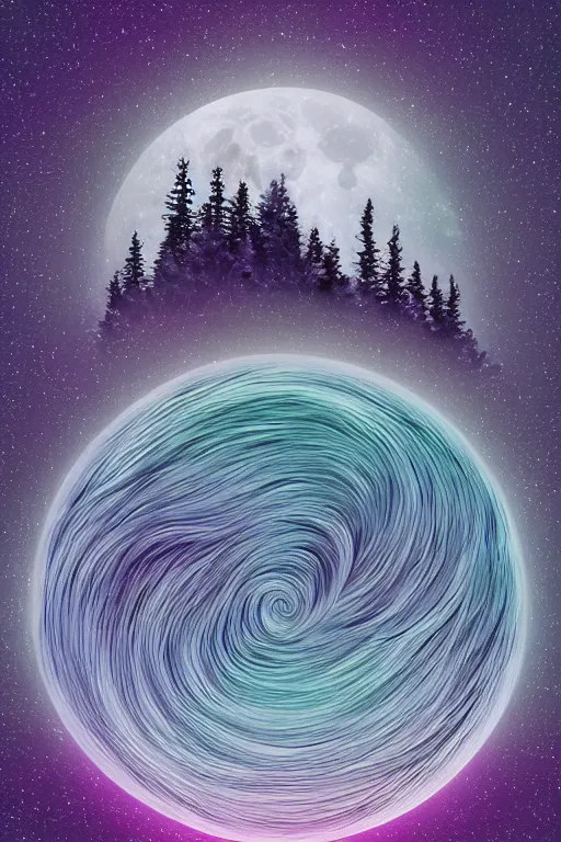 Image similar to digital matte fantasy dreamy mountain scape dark tones snow, crescent moon, wolf, 8 k by alex grey