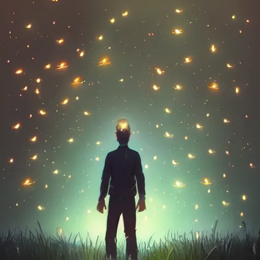 Image similar to man surrounded by fireflies, artstation