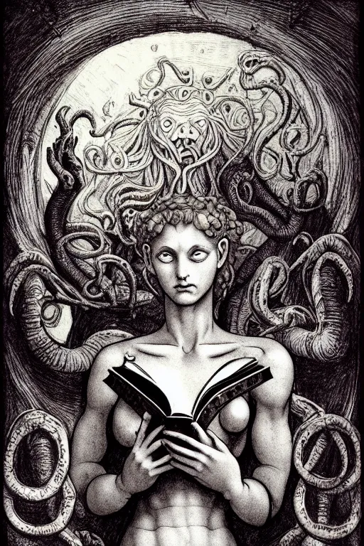 Image similar to michelangelo illustration of romantic girl, her cat and her book of necronomicon, symmetrical, cinematic, sharp focus, 4 k, ultra hd, sense of awe, sinister demonic atmosphere, dreadful, forbidden knowledge, old gods, cthulhu, yog - sothoth! yah, yah, yah! cultist journal cover