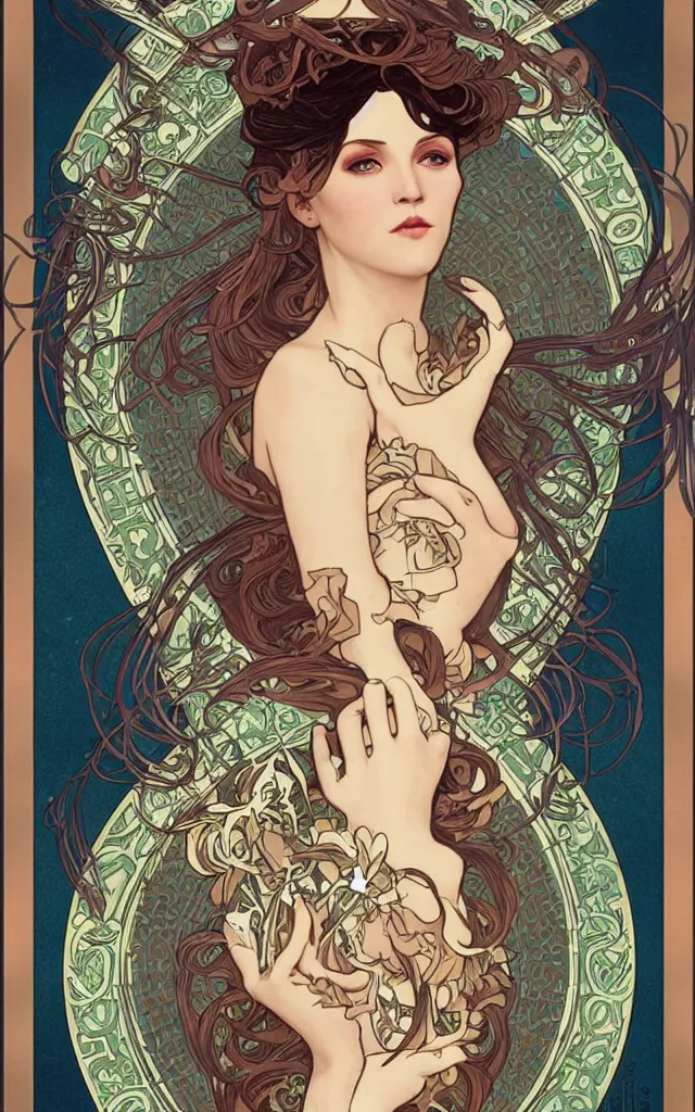 Prompt: illustration of a beautiful woman on a cyberpunk art nouveau playing card, in style of Alphonse mucha, Charlie Bowater, Tom Bagshaw