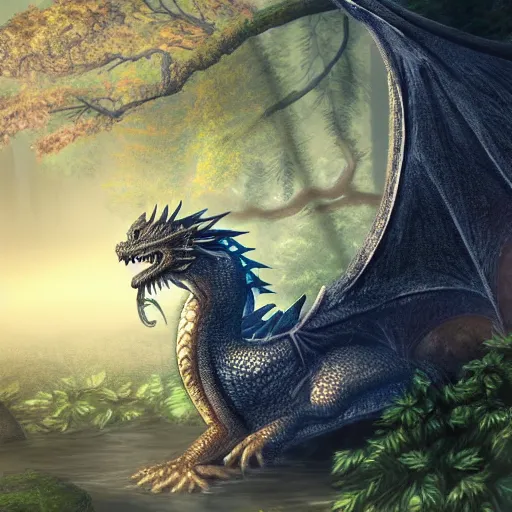 Image similar to peaceful dragon in a beautiful, misty forest, leaning over a steep hill, elongating its neck to sip water from the flowing, turbulent river, trending on artstation, intricately defined, complexly detailed, robustly ordinated, 4 k quality, digital art