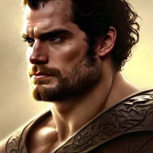 Image similar to Henry Cavill is a rugged ranger, D&D, muscular, fantasy, intricate, elegant, highly detailed, digital painting, artstation, concept art, smooth, sharp focus, illustration, art by artgerm and greg rutkowski and alphonse mucha