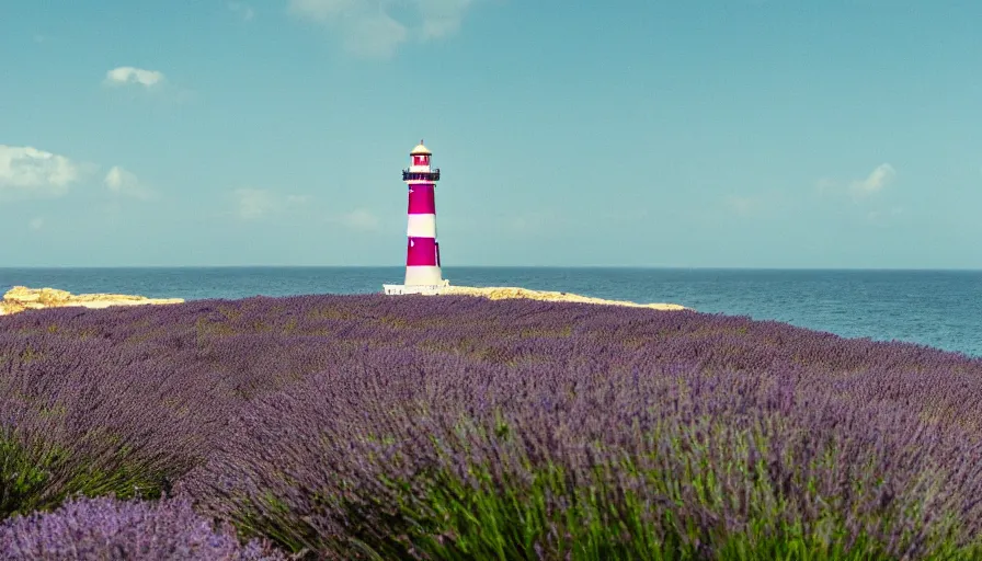 Image similar to wide screenshot, ultrawide, wes anderson film still, lighthouse on a beach near a lavender field