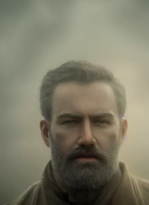 Image similar to ernst hemingway in real life, face centered portrait of ernst hemingway, confident, fog, rain, volumetric lighting, beautiful, golden hour, sharp focus, ultra detailed, cgsociety by leesha hannigan, ross tran, thierry doizon, kai carpenter, ignacio fernandez rios, noir art house, 4 k, 3 5 mm, fujifilm