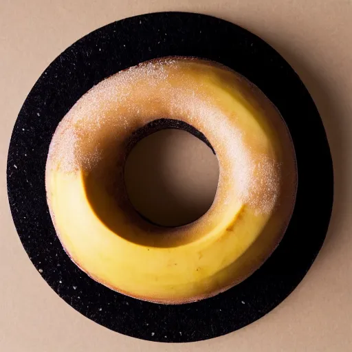 Image similar to Perfectly circular donut!!!!! in the style and shape of a banana!!!!!!, blended colors!!!!!, trending on artstation, 4k, 8k, professional photography, overhead shot, 35mm lens