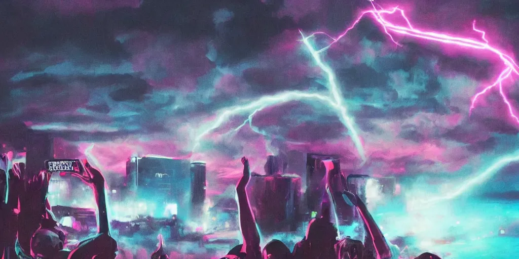 Image similar to Lightning storm while rapper performs on stage, digital art, vapor wave, hip hop, blade runner, trending on Artstation, professional artist, detailed, 4k