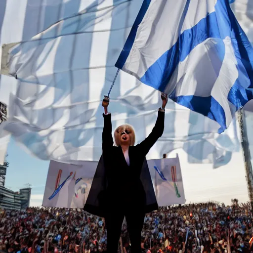 Image similar to Lady Gaga as president, Argentina presidential rally, Argentine flags behind, bokeh, giving a speech, detailed face, Argentina