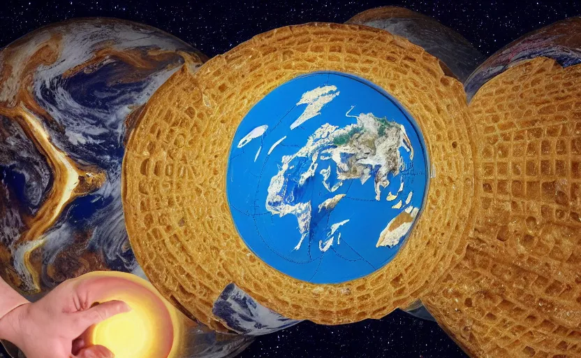 Image similar to the image of earth projected onto a waffle, with scientific figures and infographics and charts and graphs, magazine article