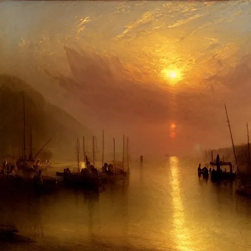 Image similar to a beautiful boat dock in a seaside fishing village, painting by asher brown durand, j. m. w turner, jasper cropsey, atmospheric, sunset, magic hour, concept art, artstation