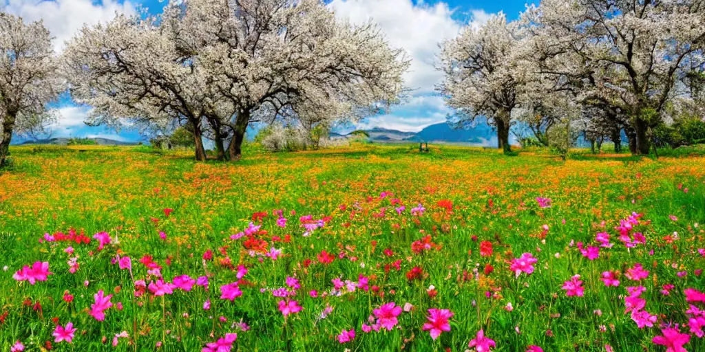 Prompt: flower meadow with lots of blooming trees, beautiful landscape
