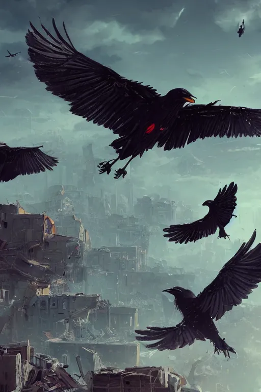 Image similar to crows flying over a destroyed city, extremely detailed digital art, in the style of greg rutkowski, trending on artstation, 8 k