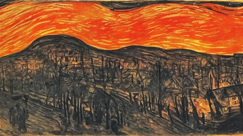 Image similar to a burning town, tragic painting by edvard munch