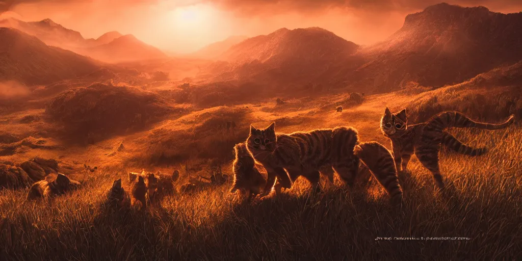 Image similar to troops of cats over the mountains in the sunset, superwide angle, redscale photography, light through the mist, dramatic lighting, photorealistic, cinematic lighting, high detail, cinematic feel, high octane, 4K, Unreal Engine, digital render, intricate, ultra realistic, concept art