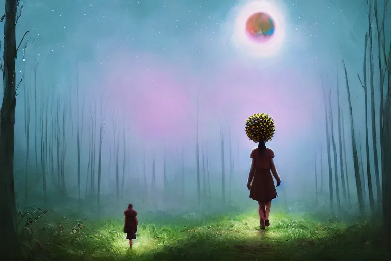 Prompt: giant daisy flower crown head, girl walking in forest, surreal photography, dark night, stars, moon light, impressionist painting, clouds, digital painting, artstation, simon stalenhag