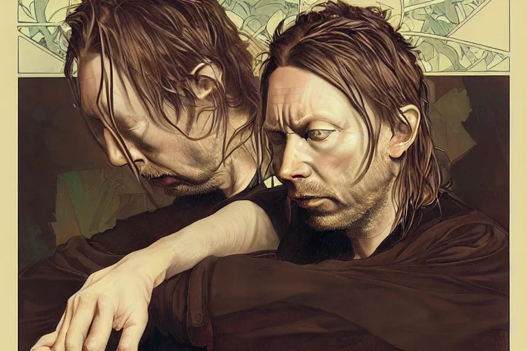 Image similar to hyper realistic portrait of thom yorke singer songwriter, side, liminal space, by lee bermejo, alphonse mucha and greg rutkowski