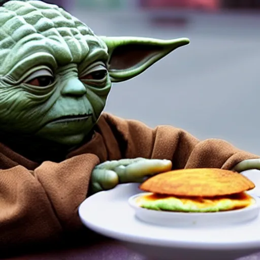 Prompt: A still of Yoda eating arepas, 4k, photograph, ultra realistic, highly detailed, professional lighting