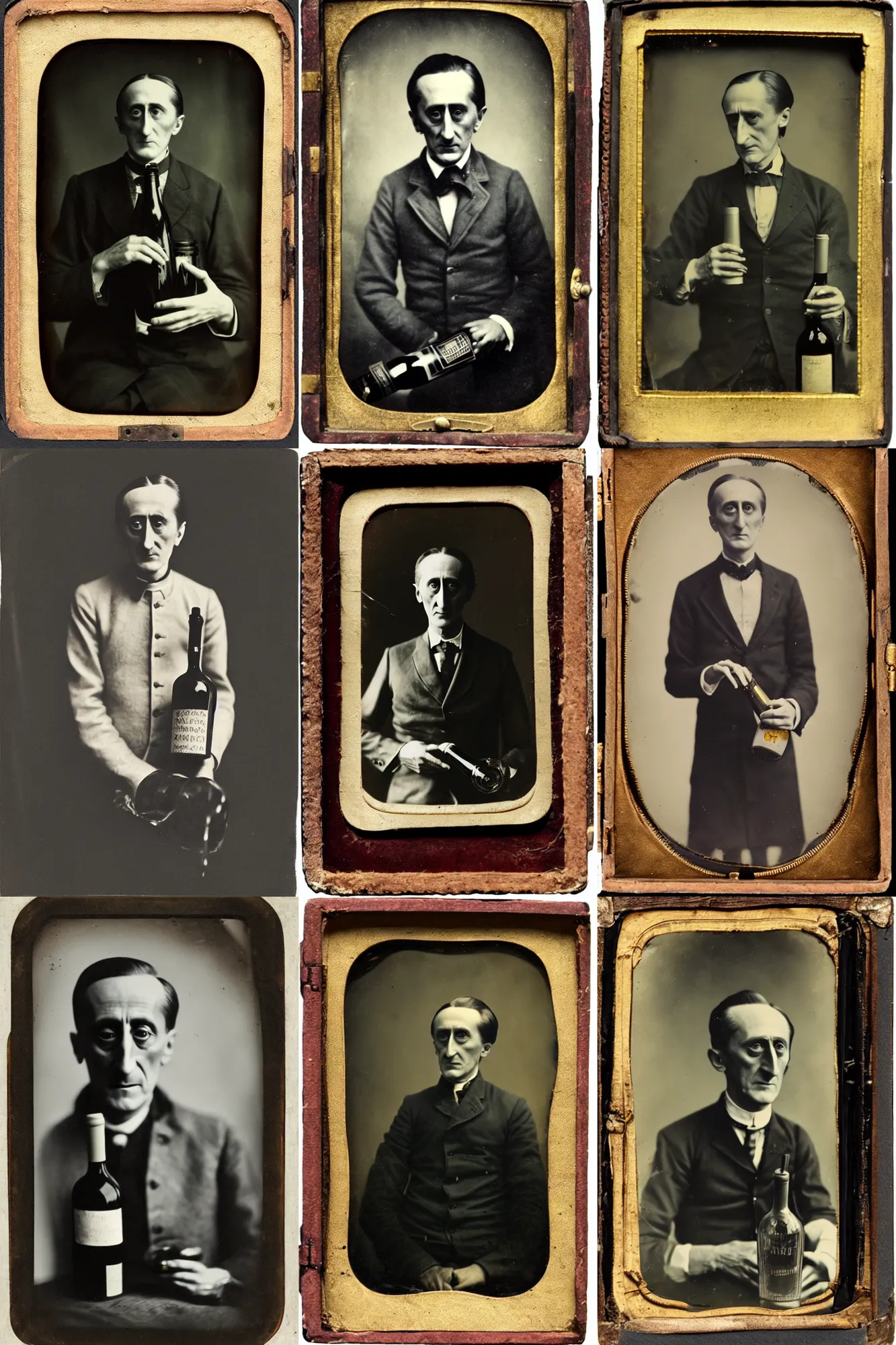 Prompt: tintype portrait of marcel duchamp with a wine bottle costume
