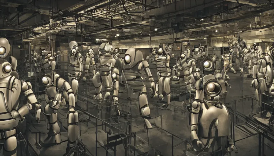 Image similar to award winning photo of robots in an art factory, dramatic lighting, 4 k