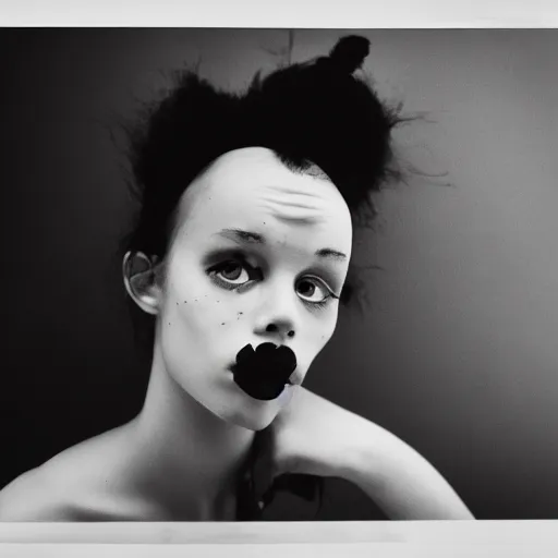 Prompt: a black and white photograph by Gary Baseman, Robert Crumb, Jim Henson, Jenny Saville, Egon Schiele, photorealistic, surreal, high contrast, film photography, portrait photography