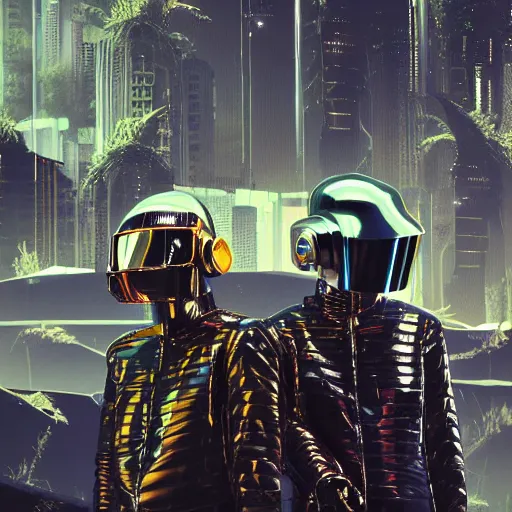 Prompt: daft punk standing in front of a gigantic robot army, cyberpunk futuristic alien landscape, weird plants, banners covered with alien writing glyphs, by Małgorzata Kmiec